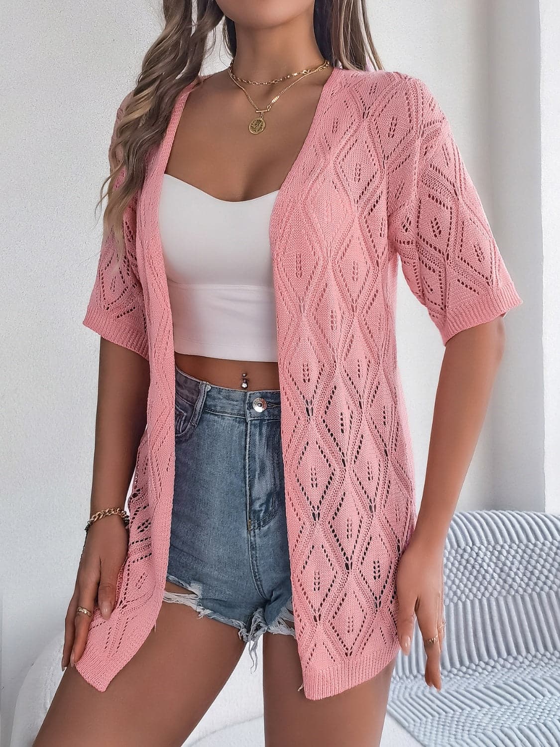 Openwork Open Front Half Sleeve Cardigan.