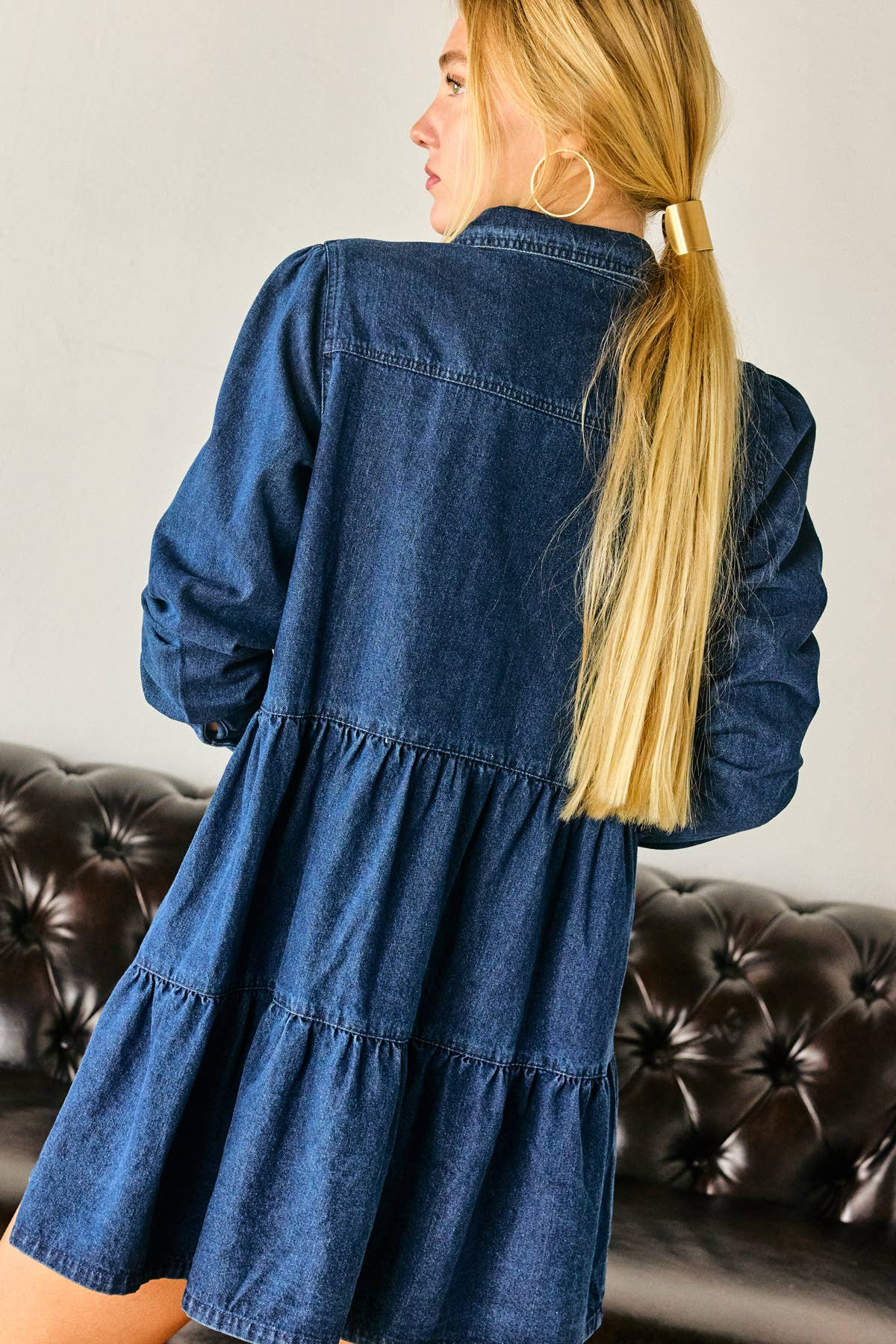 Effortless Button Down Babydoll Ruffle Denim Dress Chic Fitkitty Culture Athleisure Wear, Yoga Wear & Women's Clothing
