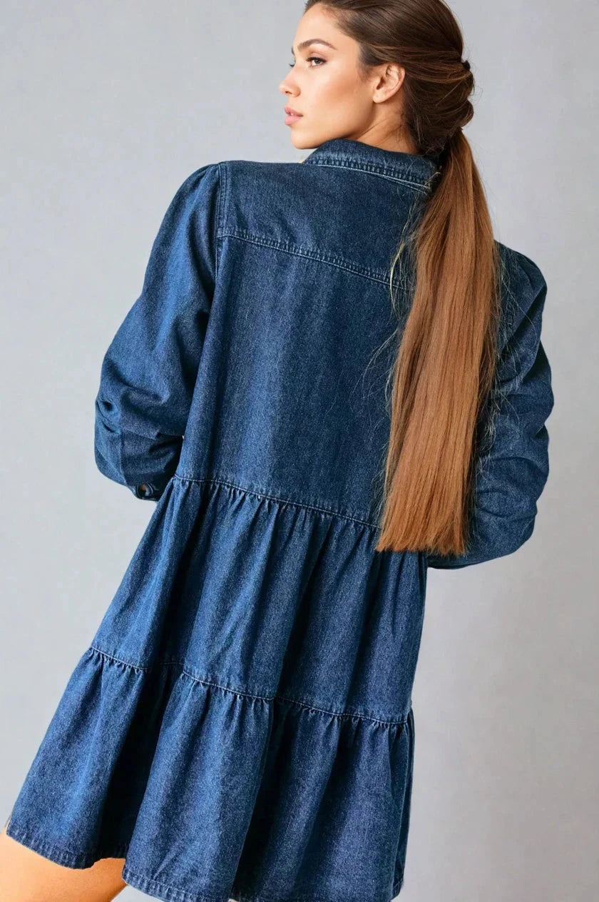Effortless Button Down Babydoll Ruffle Denim Dress Chic Fitkitty Culture Athleisure Wear, Yoga Wear & Women's Clothing