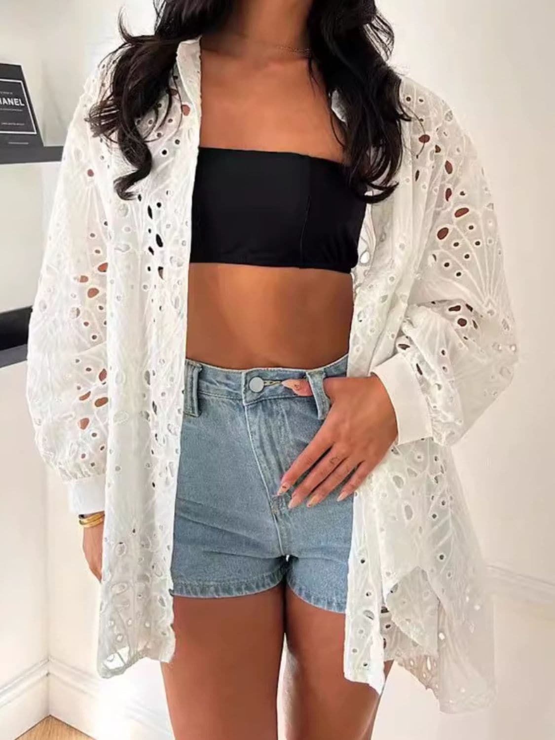 Stylish cutout collar long sleeve shirt