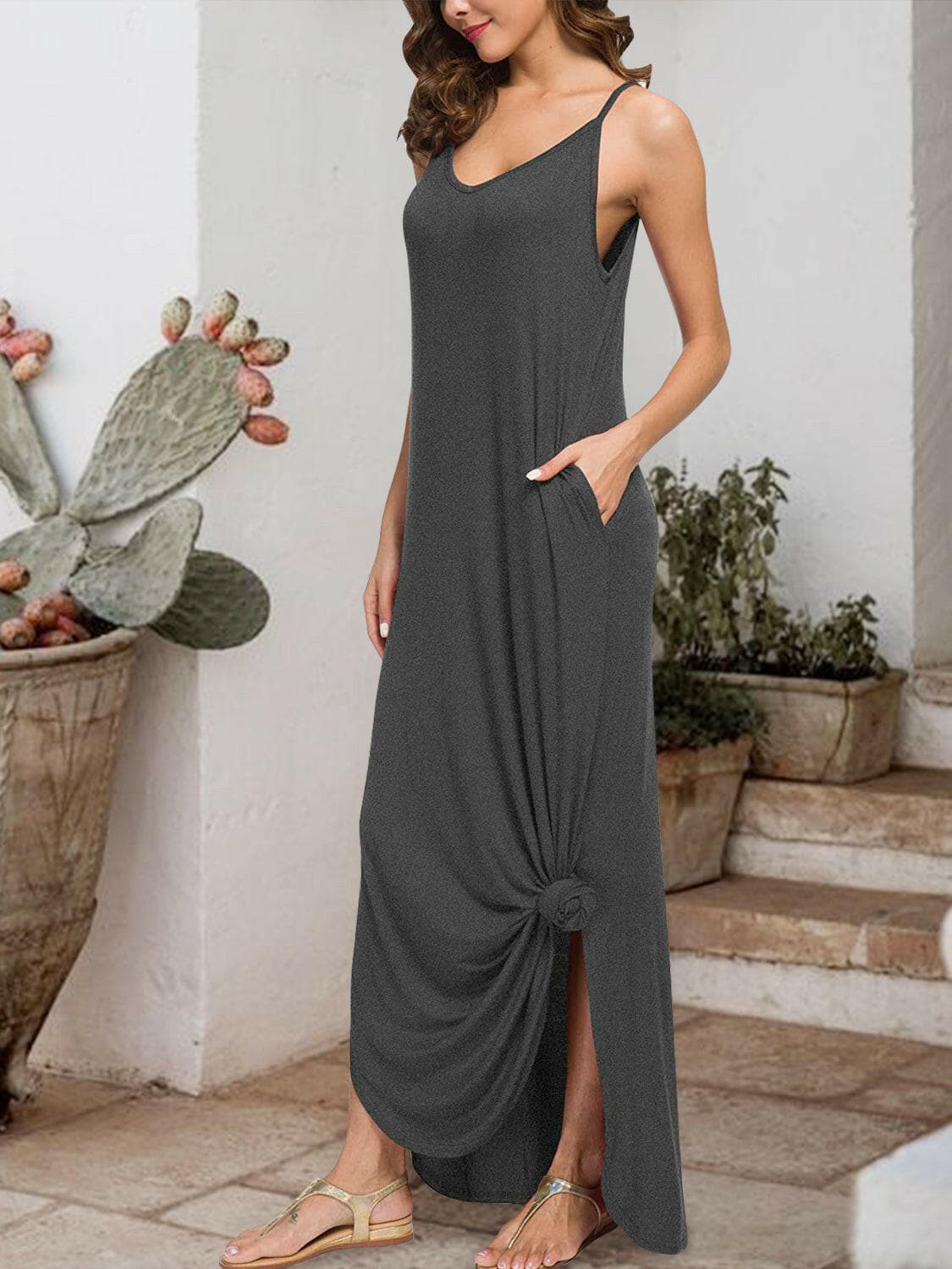 Slit Scoop Neck Sleeveless Dress.