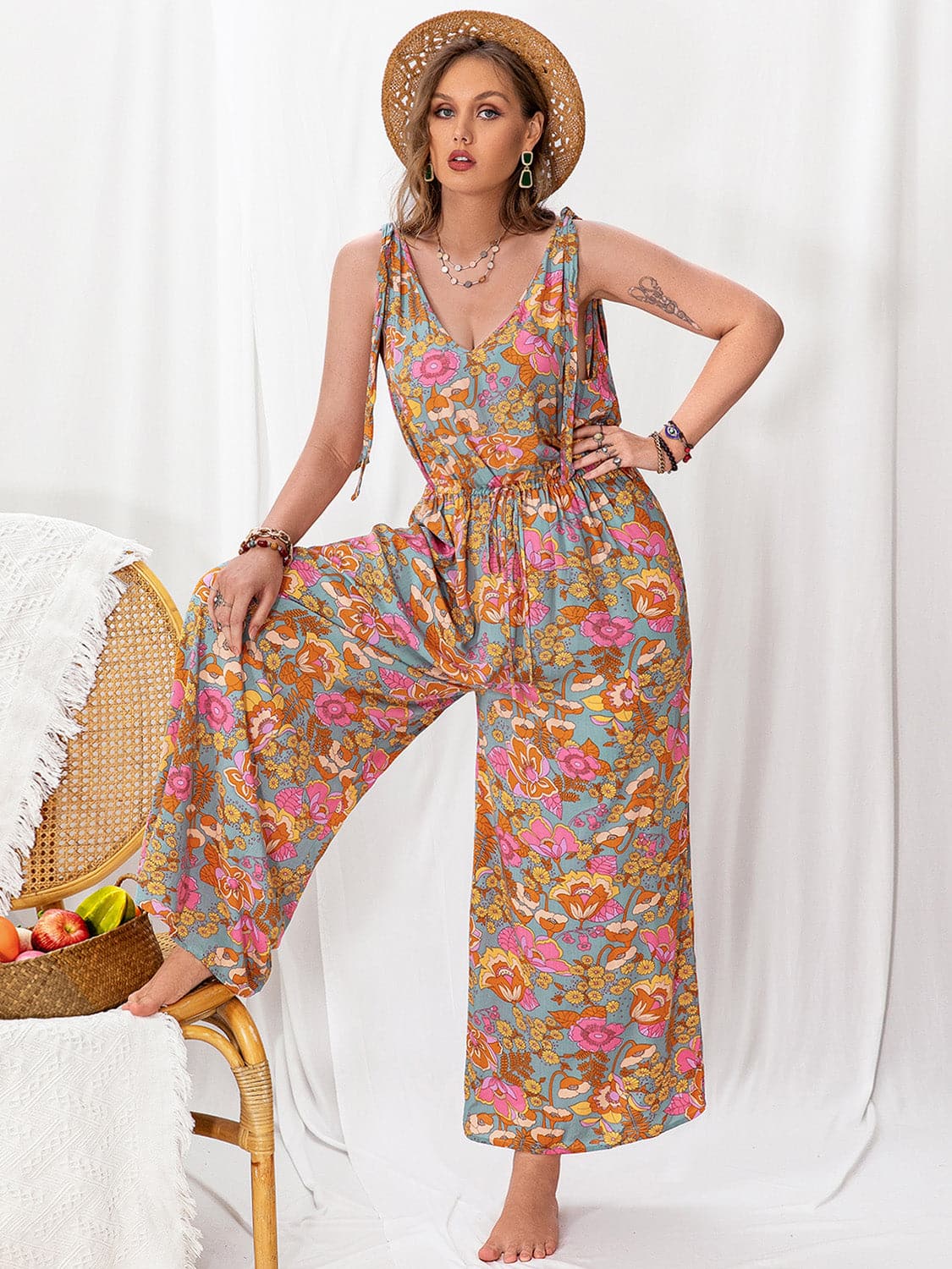 Plus Size Printed Wide Leg Sleeveless Jumpsuit.