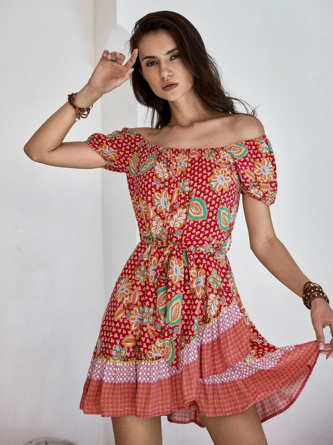 Printed Short Sleeve Tie Waist Mini Dress.