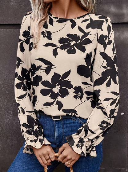 Ruffled Sleeve Tie-Back Printed Blouse