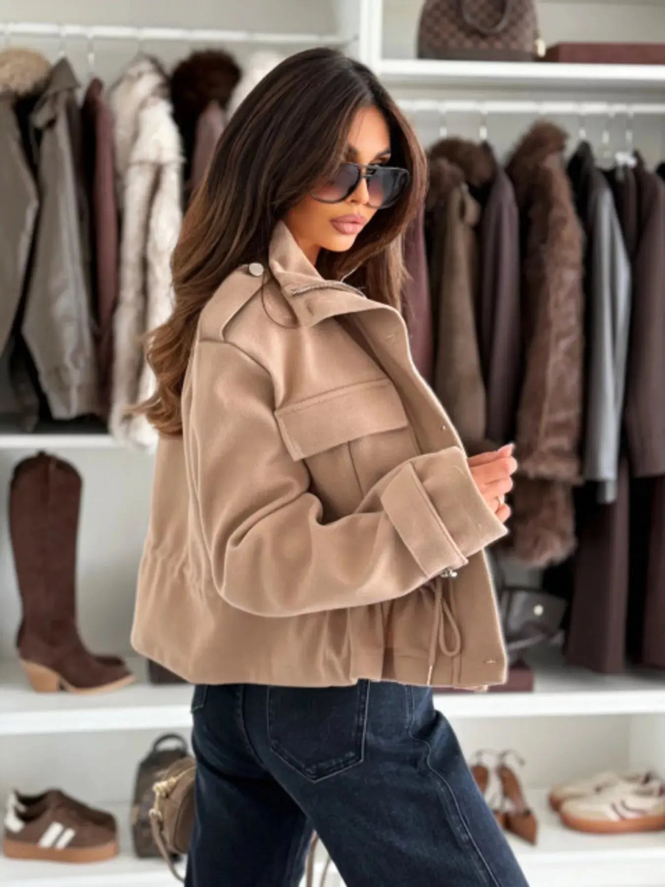 Drawstring Waist Cropped Jacket Simply Love