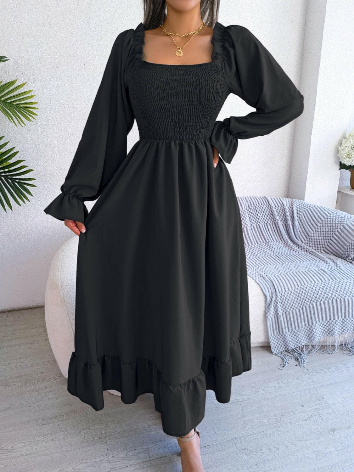 Smocked Square Neck Flounce Sleeve Dress.