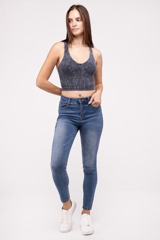 Washed Ribbed Cropped V-Neck Tank Top.