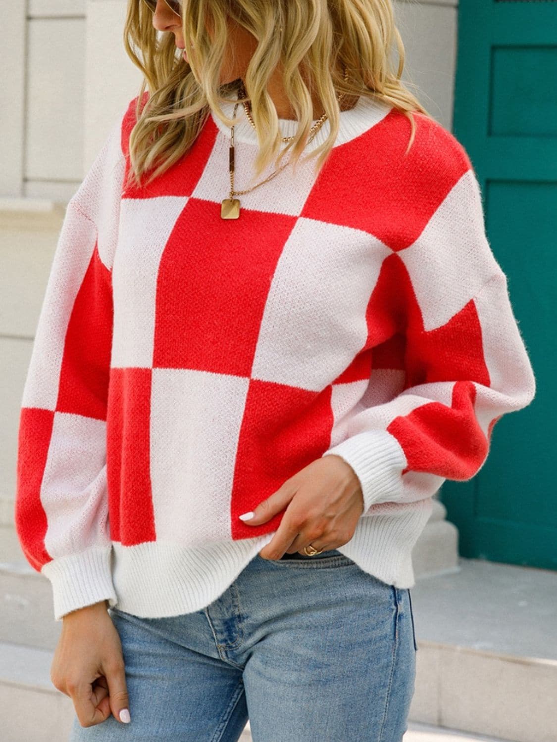 Checkered Round Neck Dropped Shoulder Sweater.