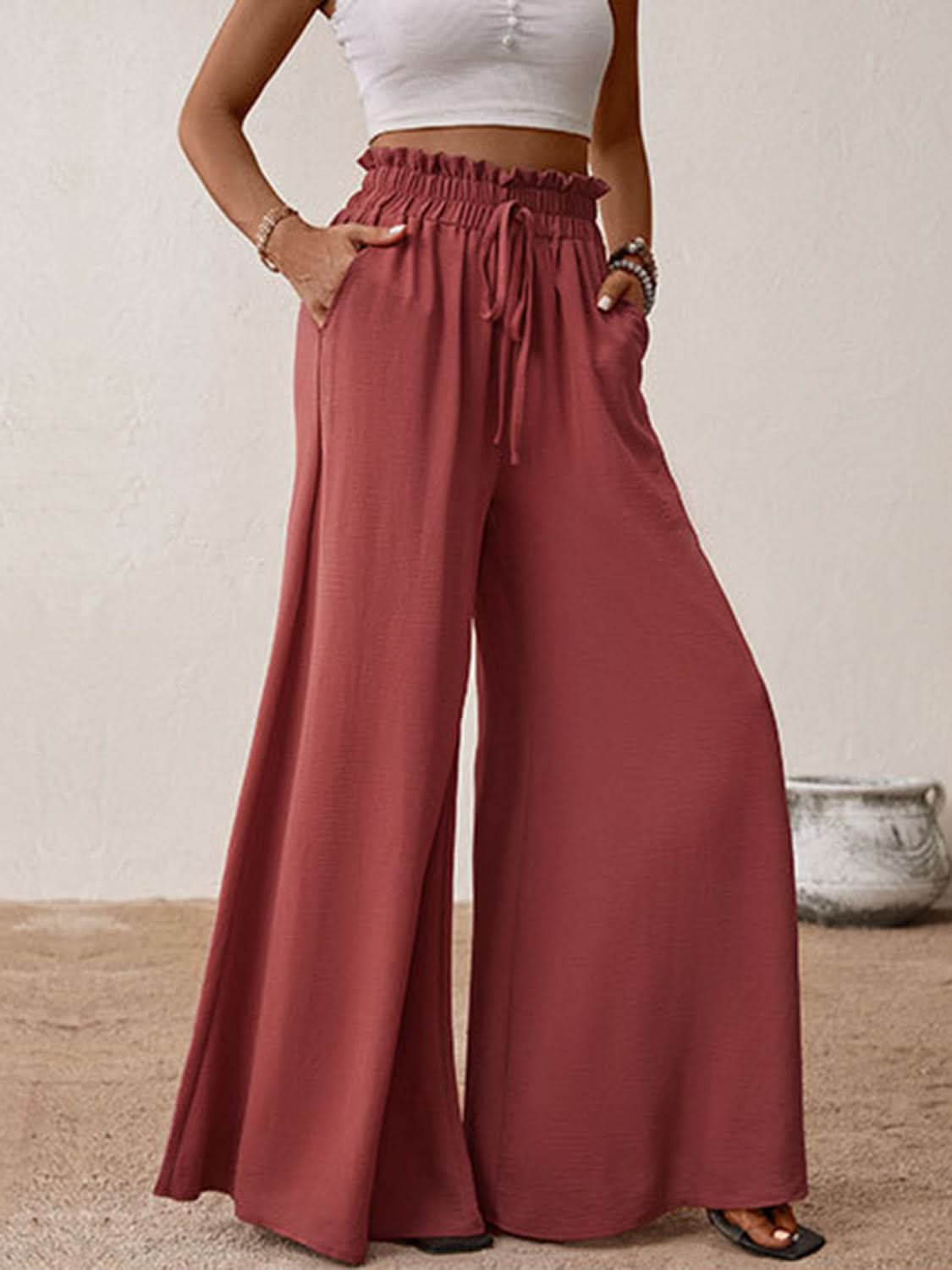 Frill-Detail Tie-Waist Wide Leg Trousers