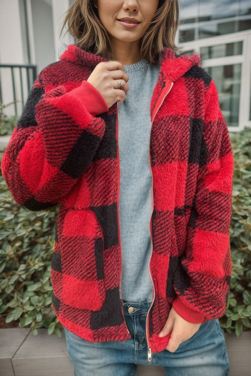 Double Take Full Size Plaid Long Sleeve Hooded Coat.