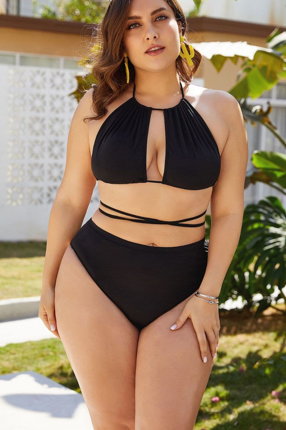 Plus Size Cutout Tied Backless Bikini Set.