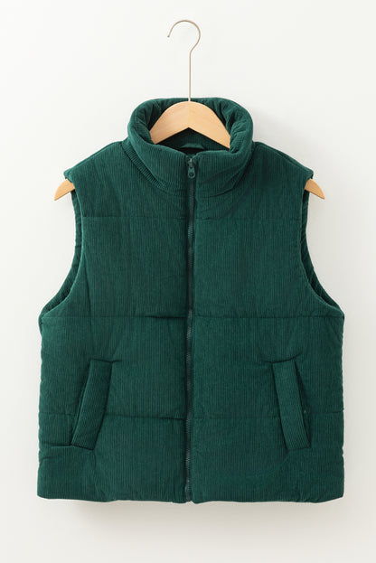 Jungle Green Corduroy Zipped Puffer Vest with Stand Neck Design