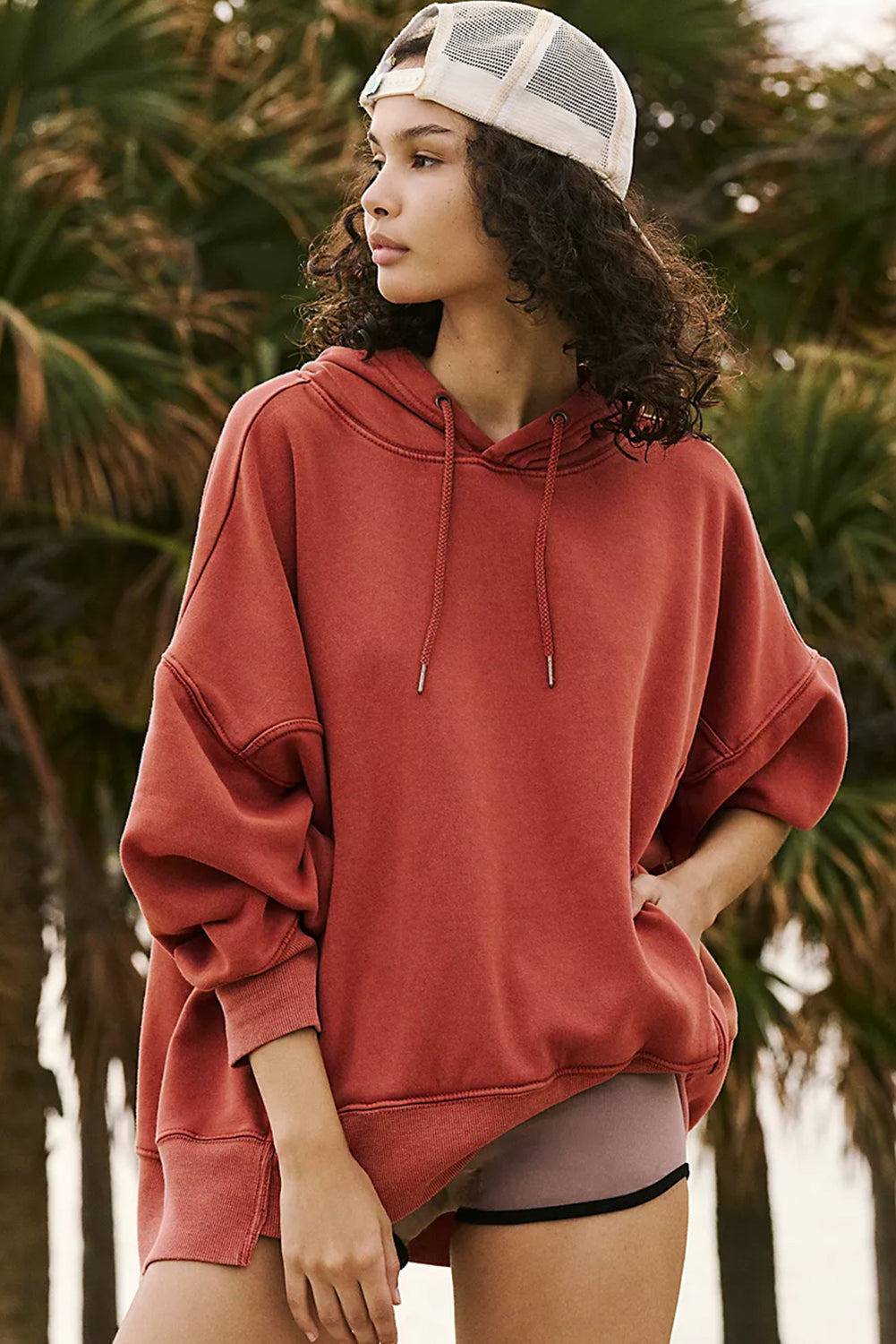 Cozy red clay oversized drawstring hoodie with pockets