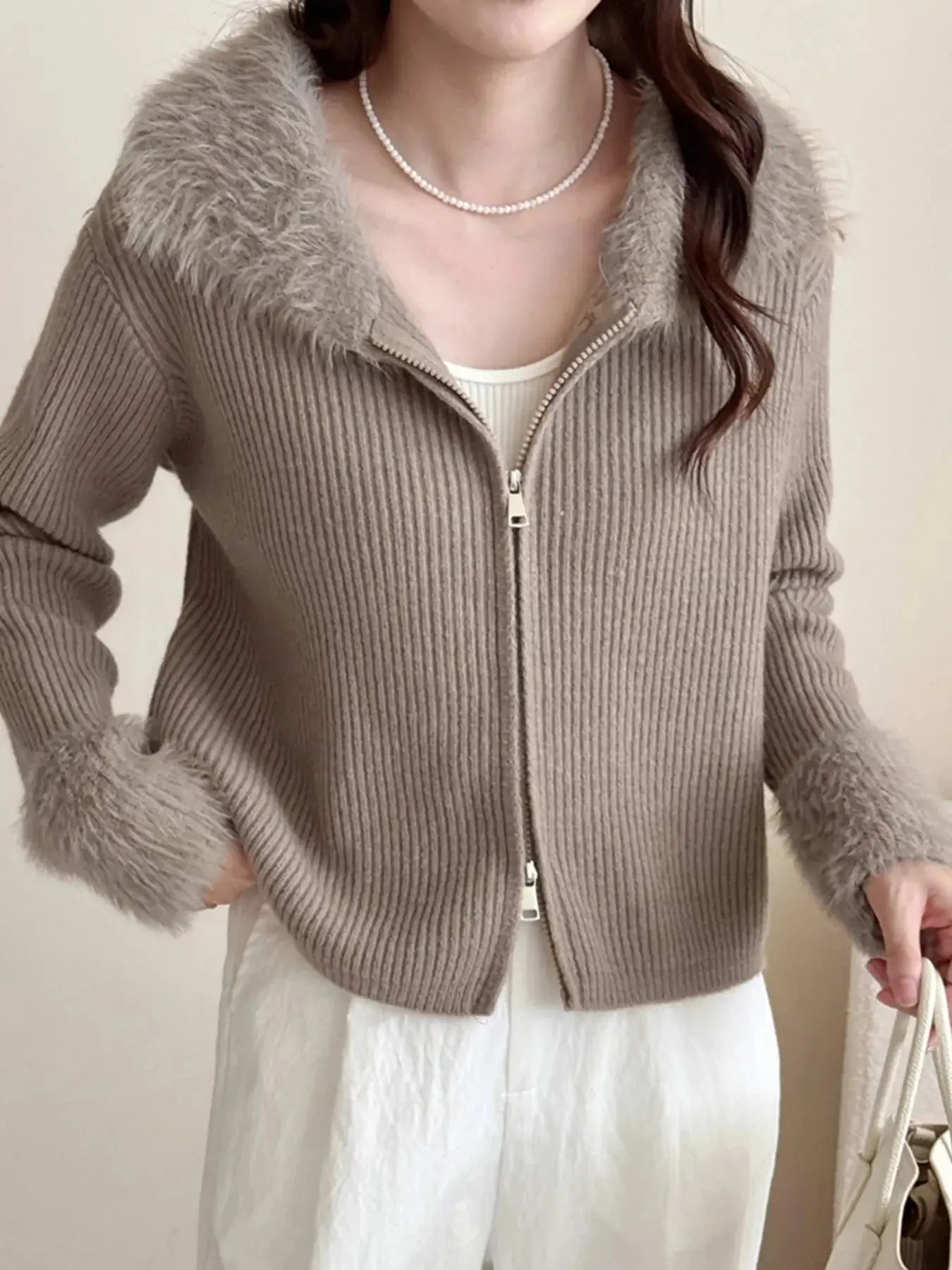 Fluffy Trim Zip-Up Cardigan Simply Love