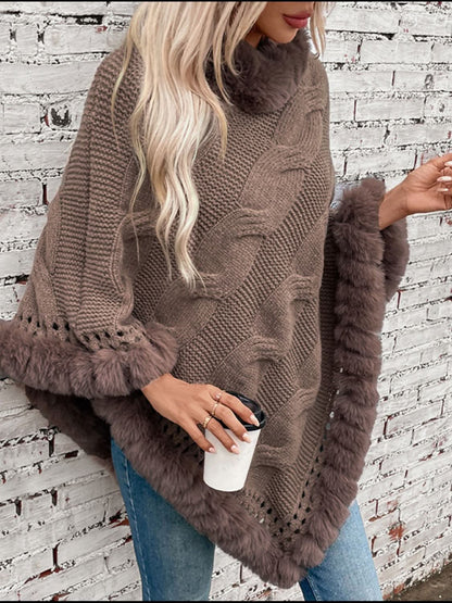 Cozy Cable-Knit Fuzzy Hem Poncho