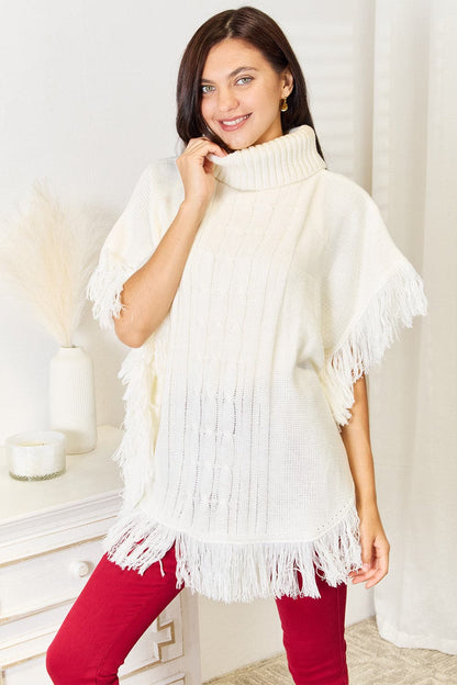 Justin Taylor Turtle Neck Fringe Poncho.