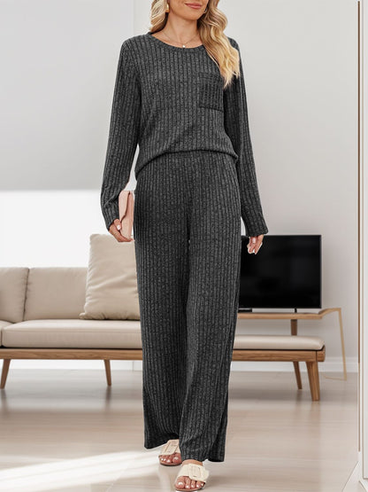 Cozy two-piece round neck top and pants ensemble