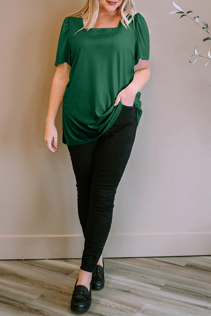 Chic green plus size square neck top with ruched shoulders