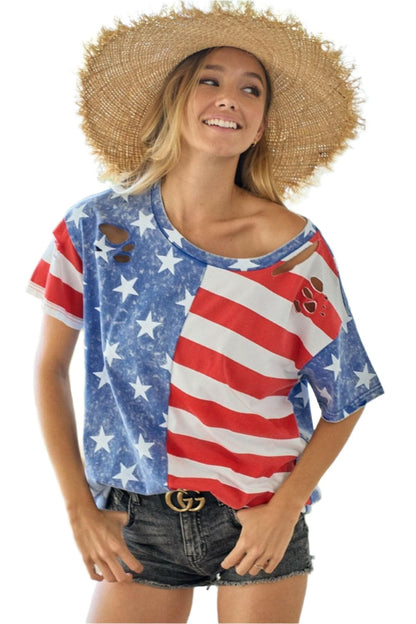 BiBi American Flag Theme Short Sleeve T-Shirt with stars and stripes, worn by a model in denim shorts and straw hat.