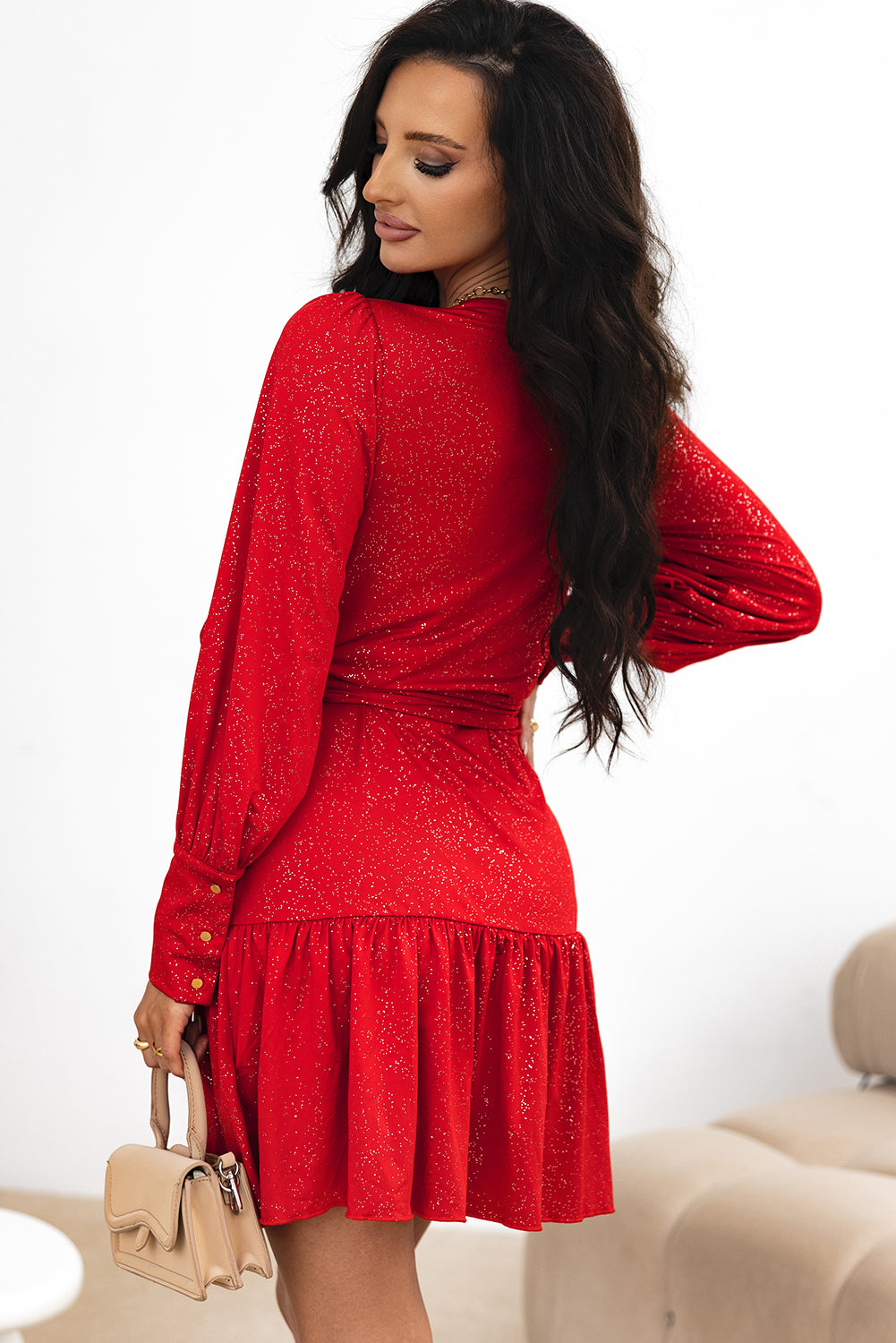 Racing Red Tinsel Buttoned Bishop Sleeve Surplice Neck Ruffled Mini Dress