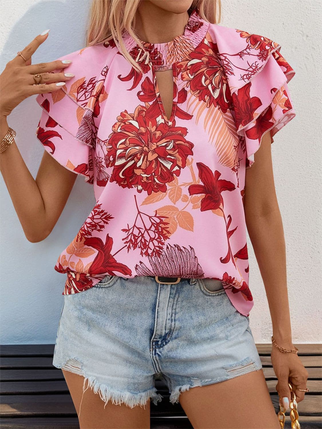 Ruffled Printed Round Neck Short Sleeve Blouse.