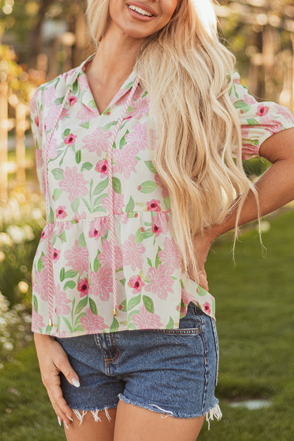 Pink Floral Print Drawstring V Neck Peplum Blouse for Women