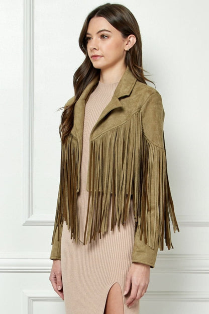 Veveret Suede Fringe Long Sleeve Moto Jacket.