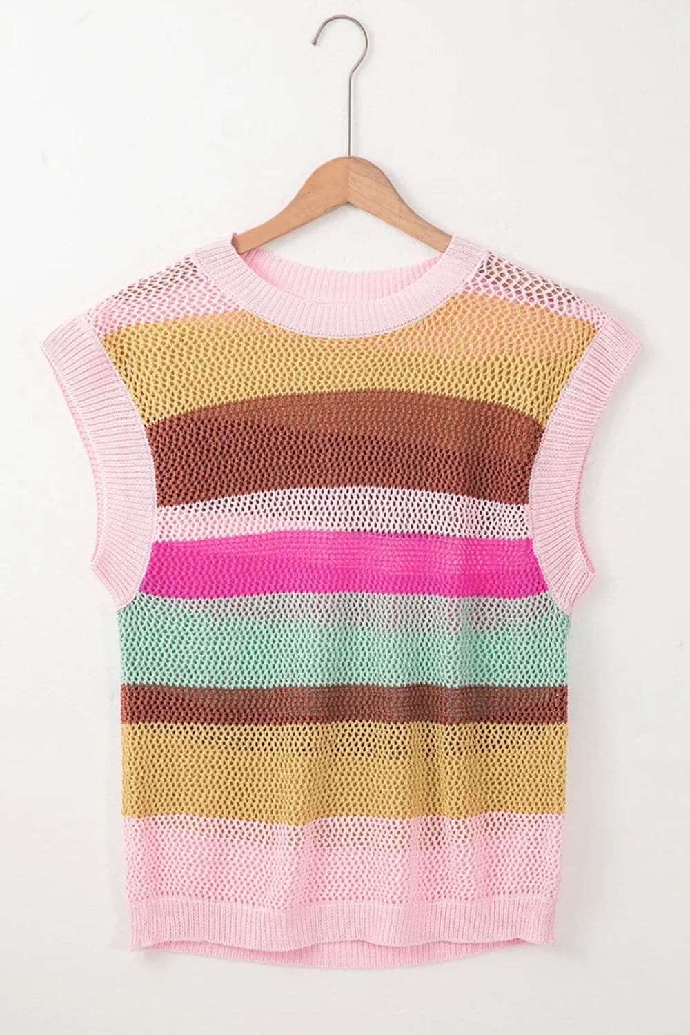 Color Block Round Neck Cap Sleeve Knit Top.