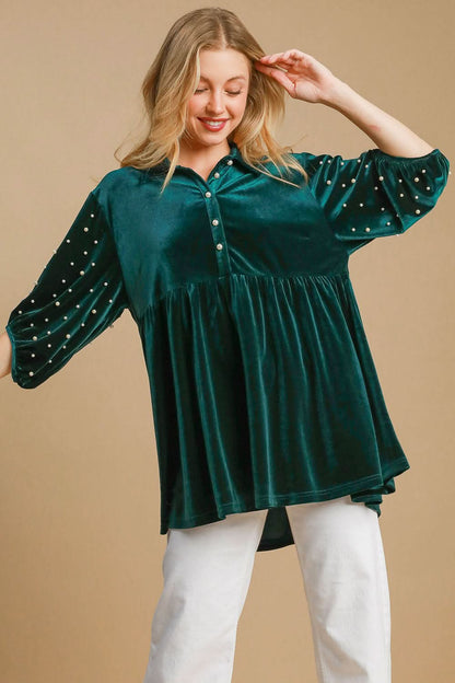 Elegant Velvet Babydoll Blouse with Pearl Accents and Half Sleeves