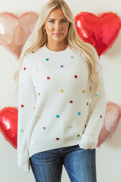 Beige Heart Sequin Waffle Knit Sweater with Round Neck