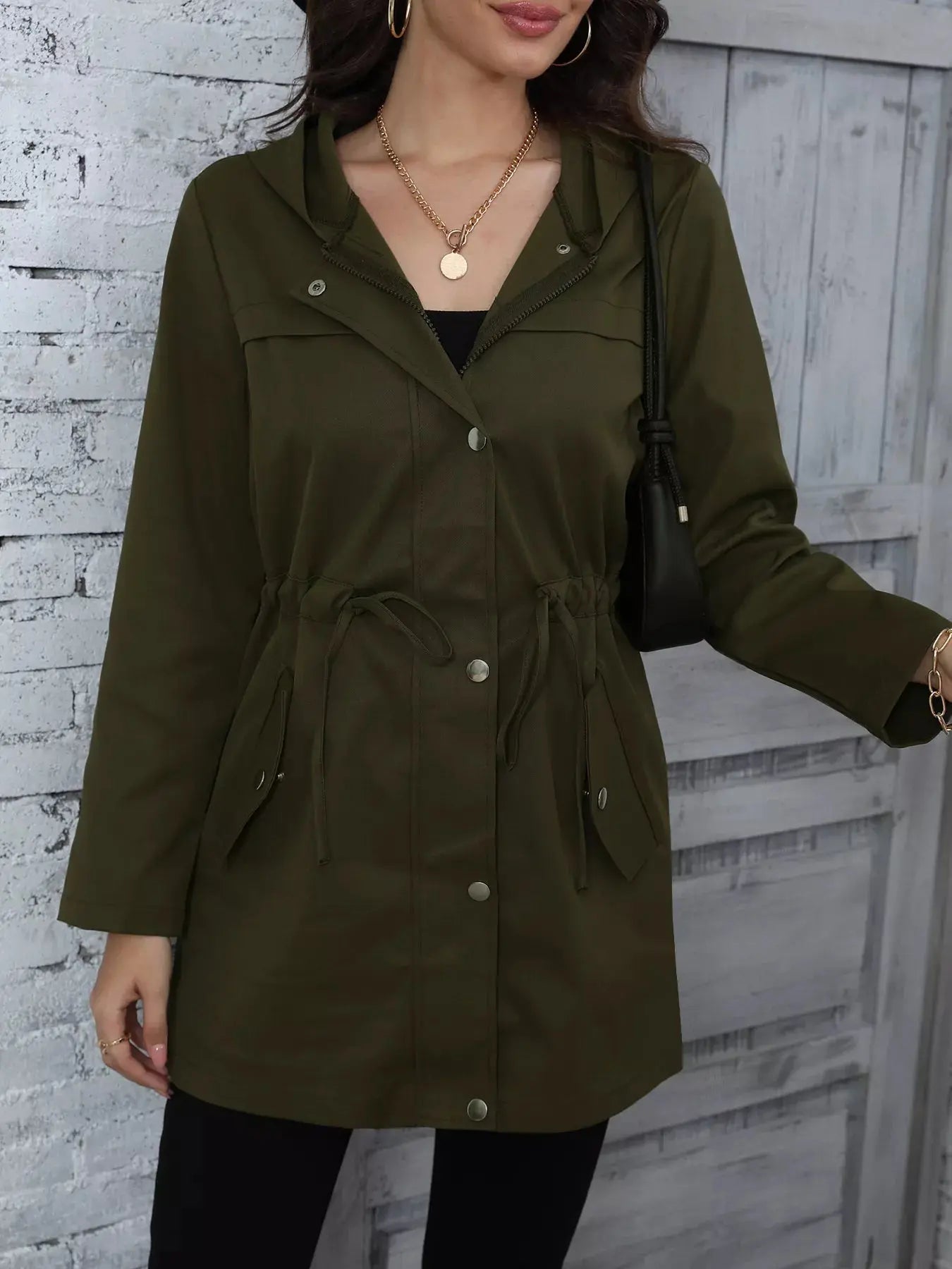 Hooded Drawstring Waist Casual Outerwear Simply Love