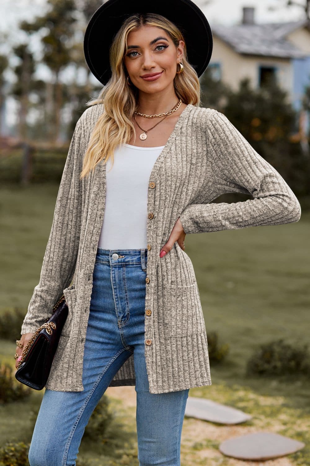 Ribbed Button-Up Cardigan with Pockets.