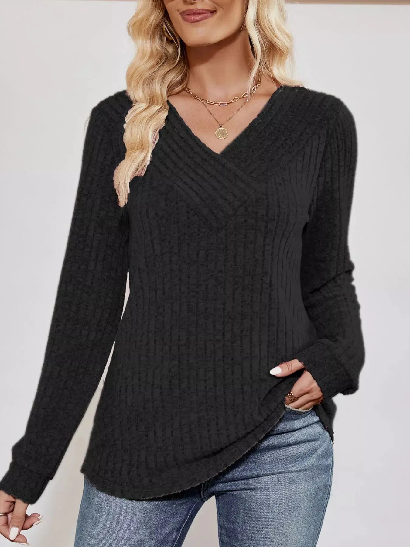 Ribbed Knit V-Neck Long Sleeve T-Shirt Simply Love