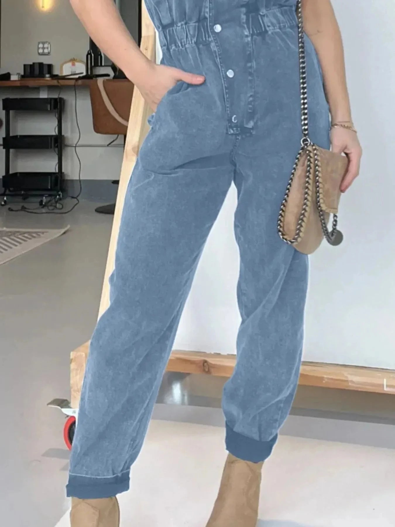 Full Size Button Front Cap Sleeve Denim Jumpsuit Plus Size Coco’s Tee Boutique
