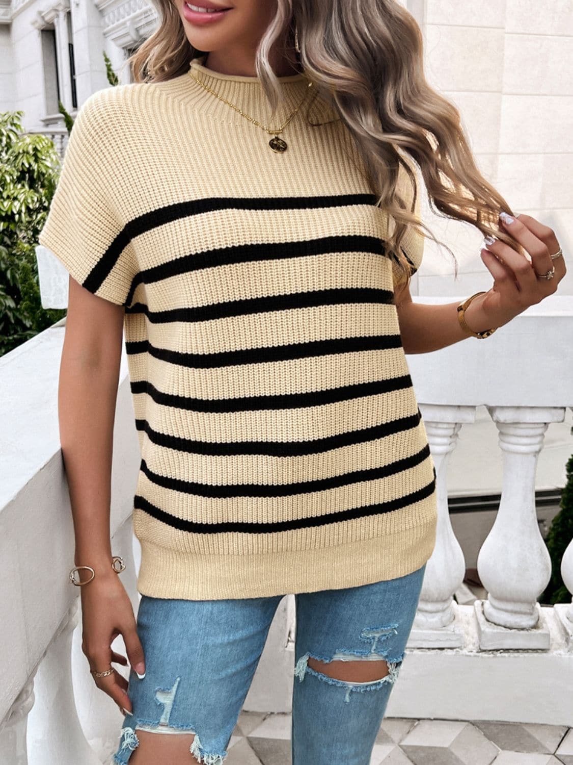 Striped Mock Neck Short Sleeve Sweater.