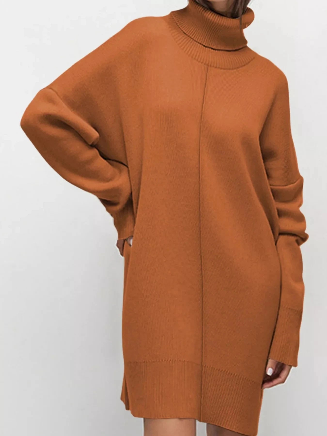 Solid Color Turtleneck Drop Shoulder Loose Sweater Dress Simply Love