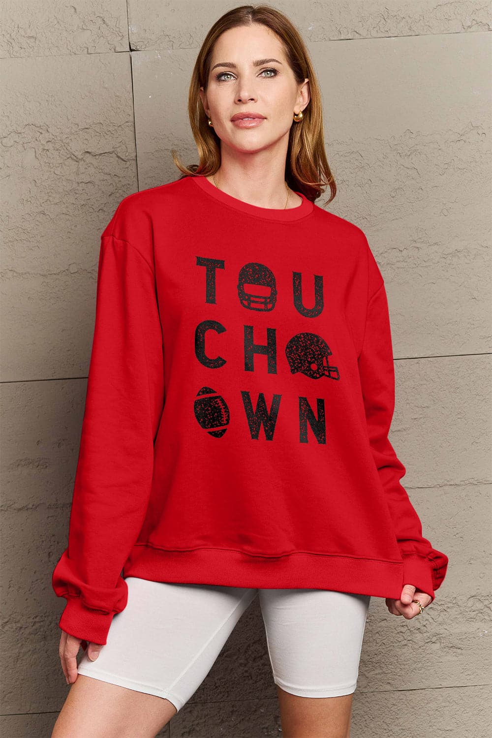 Simply Love Full Size TOUCHDOWN Long Sleeve Sweatshirt.