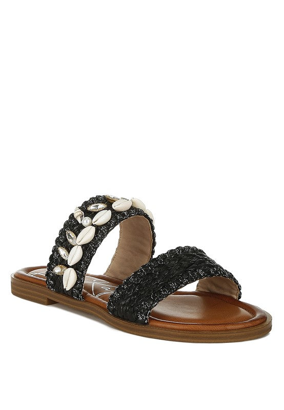 Raffia sandals with shell embellishments