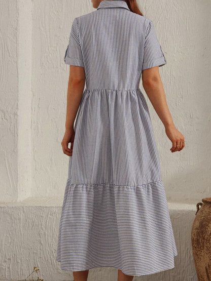 Striped Collared Neck Short Sleeve Dress.