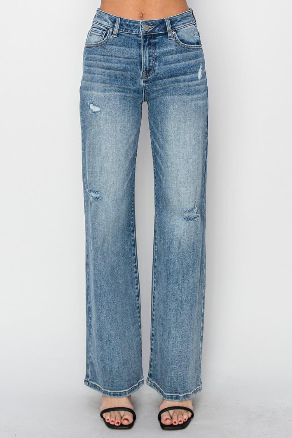 RISEN Full Size High Waist Distressed Wide Leg Jeans.