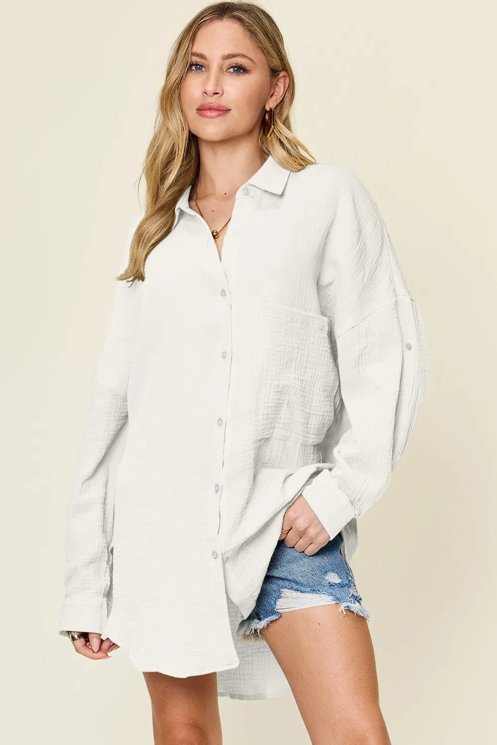 Double Take Full Size Pocketed Texture Button Up Shirt - Love Salve
