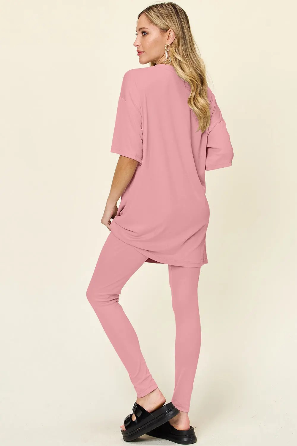 Double Take Full Size Round Neck Dropped Shoulder T-Shirt and Leggings Set - Love Salve