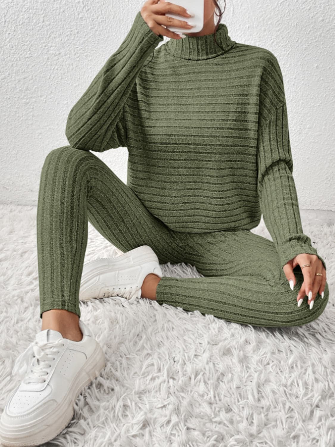 Ribbed Turtleneck Top and Pants Set.