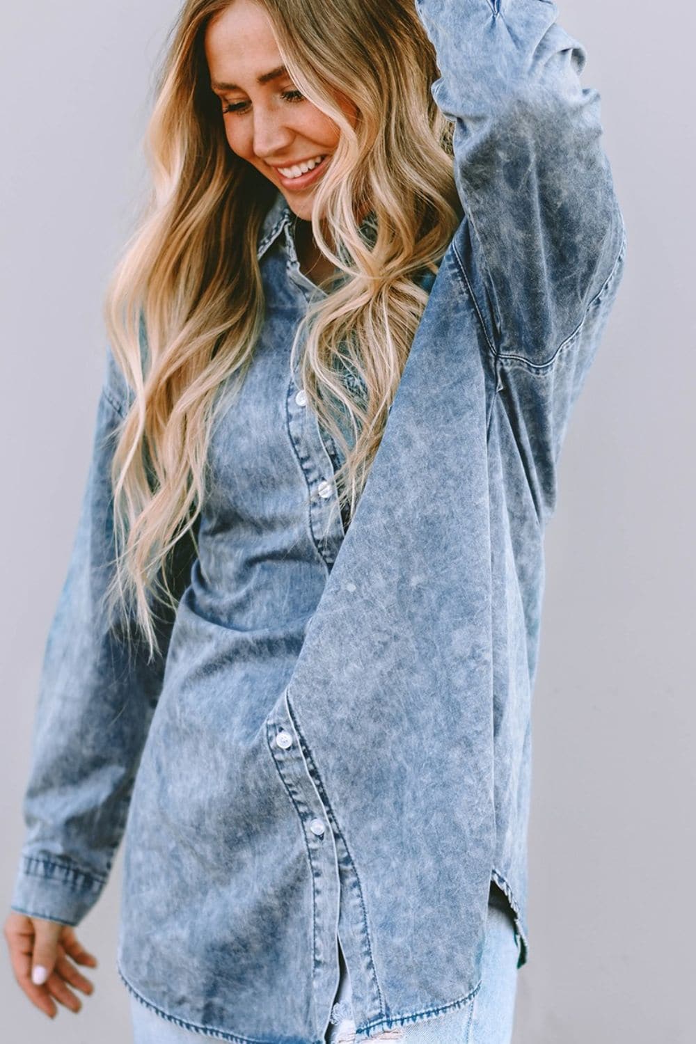 Button Up Dropped Shoulder Denim Top.