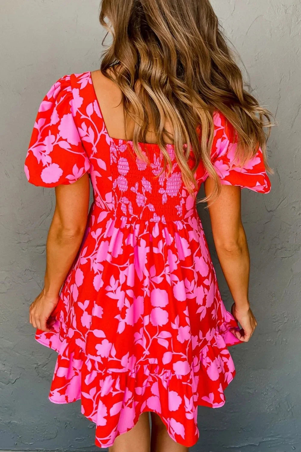 Floral Puff Sleeve Sweetheart Neck Ruffled Mini Dress Simply Love