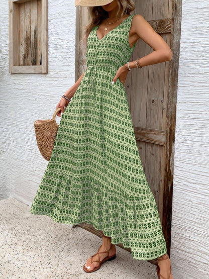 Printed V-Neck Tie Waist Midi Dress.