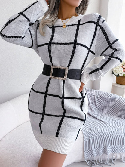 Plaid Round Neck Dropped Shoulder Sweater Dress.