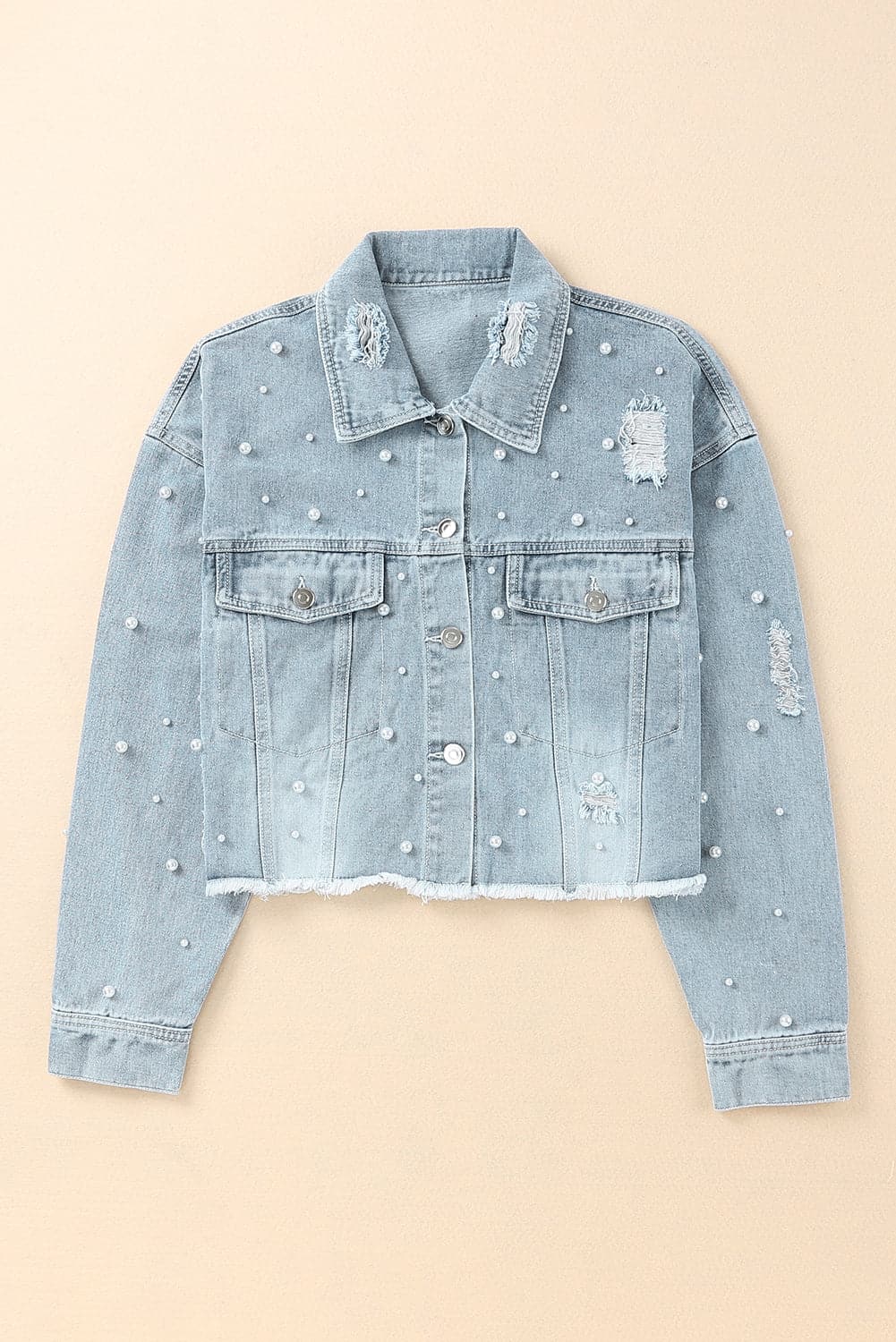 Distressed Pearl Trim Button Up Denim Jacket.