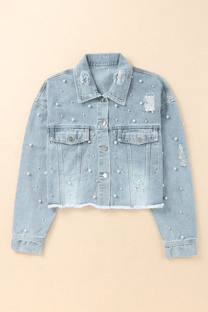 Distressed Pearl Trim Button Up Denim Jacket.