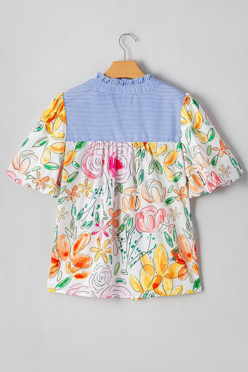 Cameron Floral Striped Yoke Blouse with Puff Short Sleeves and Frilled V Neck - Love Salve 